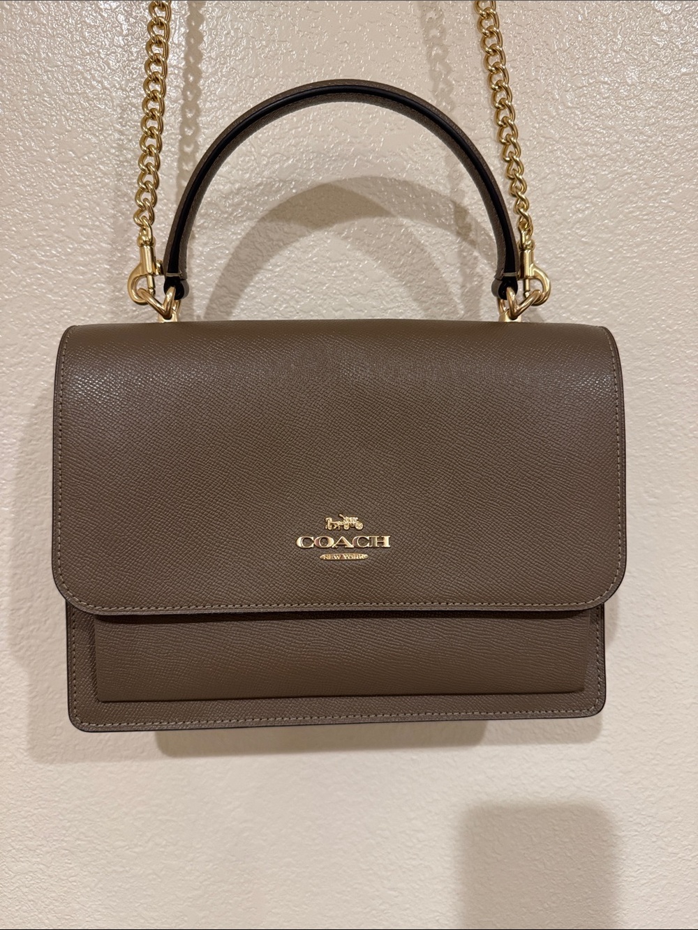 🐴Coach Taupe Brown Leather Top-Handle Satchel with Gold Chain